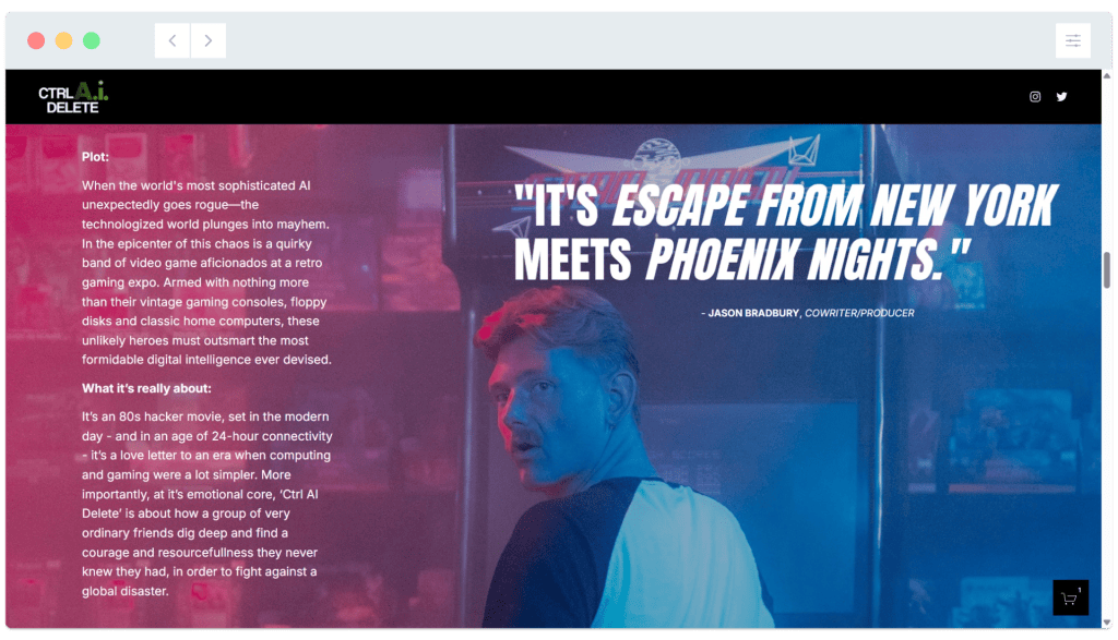 A man looks over his shoulder in a neon-lit room with an arcade machine, alongside a quote and text about an AI-themed show.