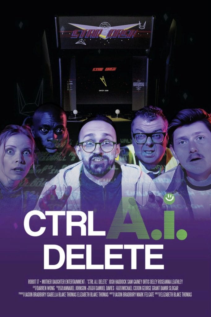 Five people stand in front of an arcade machine, looking surprised. The text reads “CTRL A.I. DELETE.”.