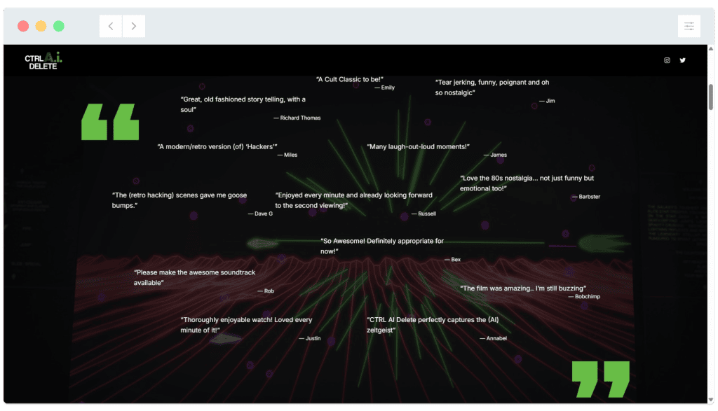 A black digital background with a green “CTRL + DELETE” logo and various movie review quotes scattered across the image.