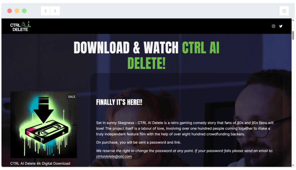 Website promoting CTRL AI DELETE, a retro gaming comedy show, with download instructions and sales information.