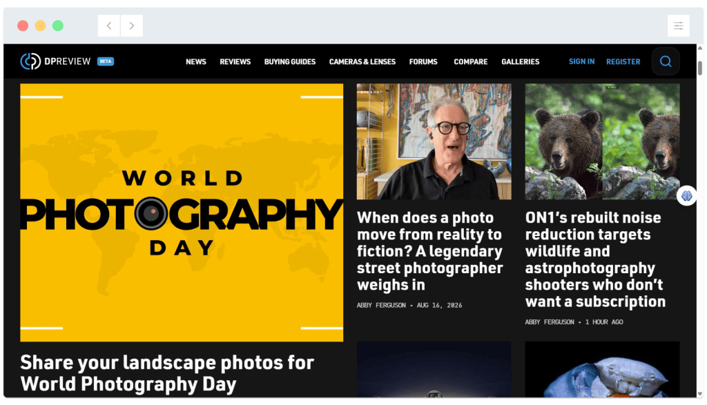 Screenshot of a photography website homepage featuring articles and a bright yellow World Photography Day banner.