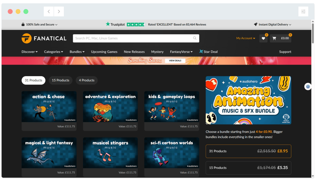 Fanatical website displaying game music bundle deals, including "Amazing Animation Music & SFX Bundle" on the right.