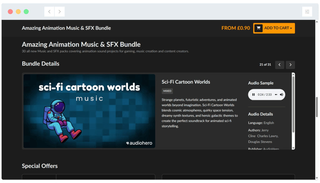 Webpage showing an audio bundle titled "Sci-Fi Cartoon Worlds" with music details and a blue graphic on the left.