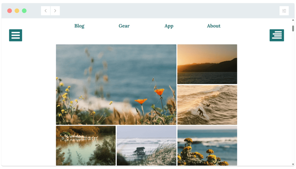 A website gallery page displays six nature-themed photos in a grid layout beneath the navigation menu.