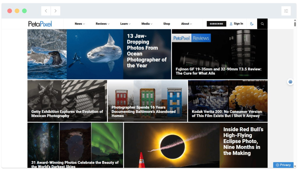 Petapixel website homepage displaying various photography articles and featured images in a grid layout.