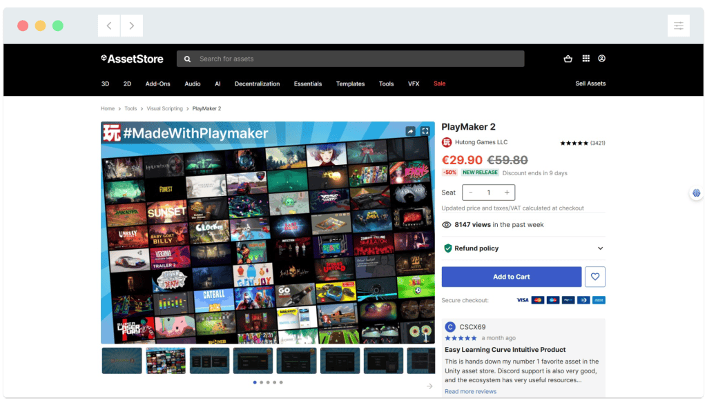 A collage of game thumbnails on the Asset Store webpage for PlayMaker 2, with price and purchase options shown.