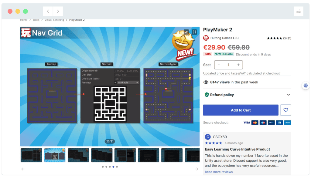 A software store page displays Nav Grid with maze previews, price, ratings, and an Add to Cart button on the right.