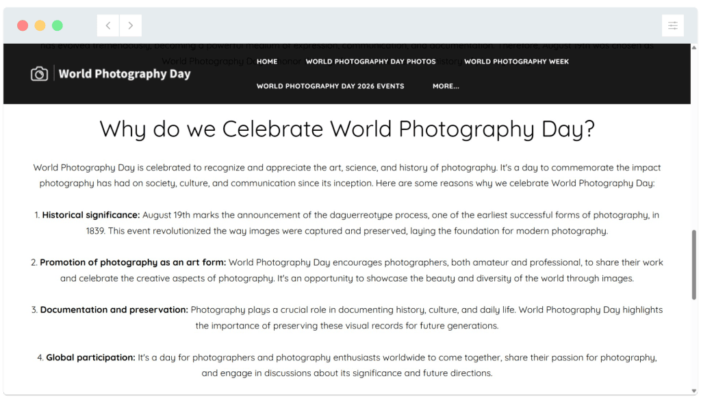 A webpage titled “Why do we Celebrate World Photography Day?” explains the event’s history, art, and cultural impact.