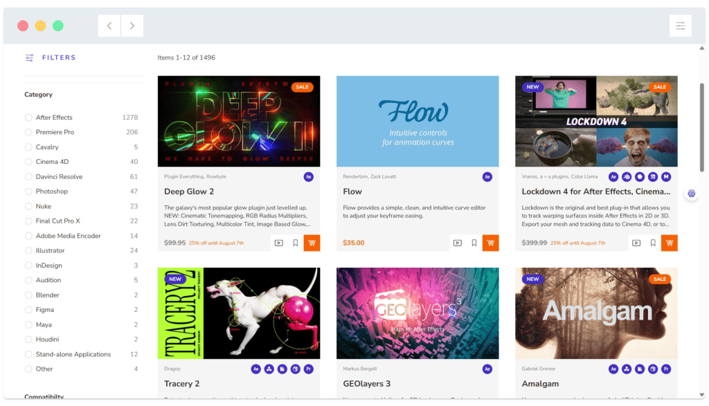 Screenshot of a digital marketplace showing plugins for sale, with filters on the left and product cards displayed on the right.