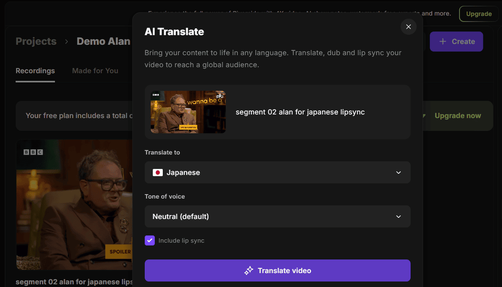 A screen shows an AI video translation tool with a segment set to translate English to Japanese with lip sync enabled.
