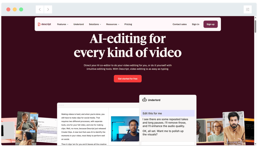 Descript homepage showing “AI-editing for every kind of video” with user interface and chat window visible.