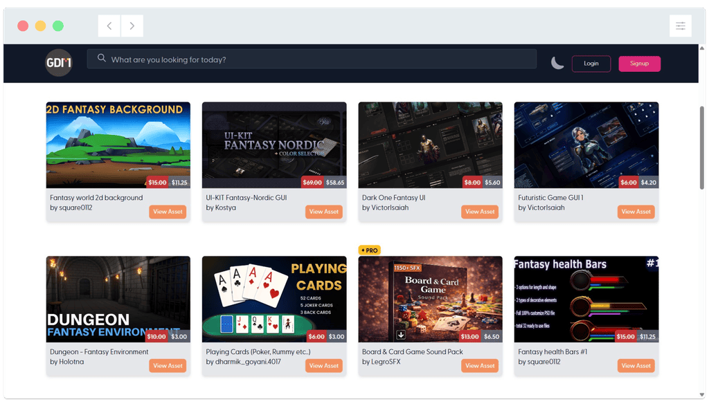 A website page displays various purchasable fantasy game assets with images, prices, and “View Asset” buttons.