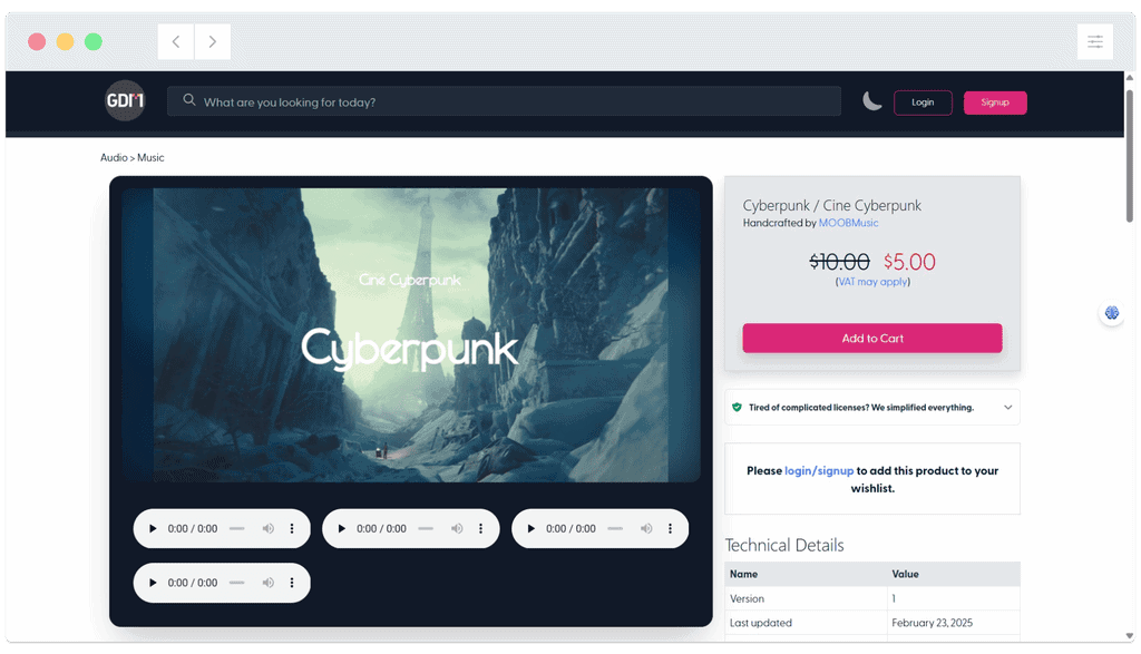 A website page displaying a music track called “Cyberpunk,” with audio samples and an option to add to cart.