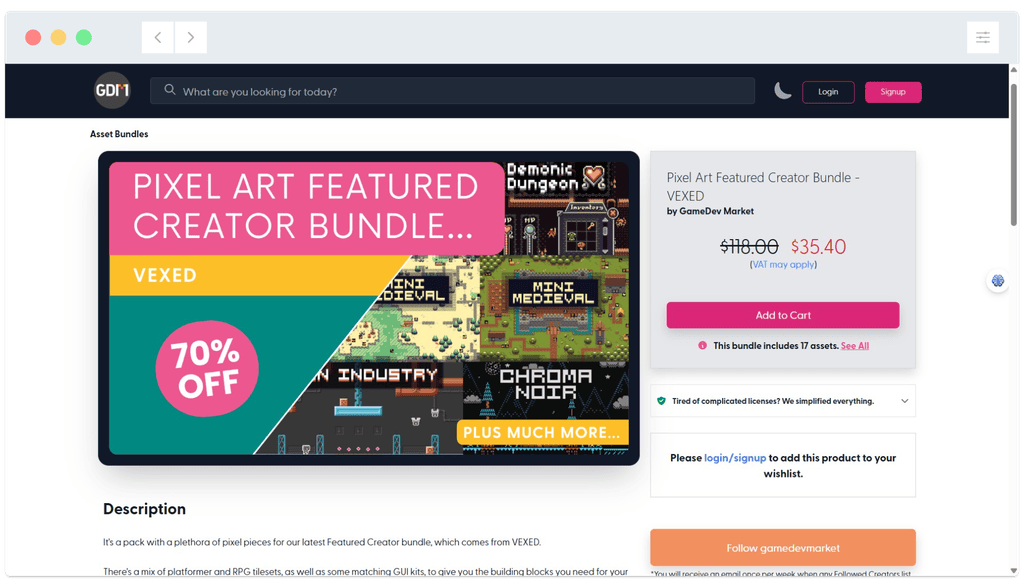 A website page displays a discounted pixel art bundle offer alongside sample game art and a purchase button.