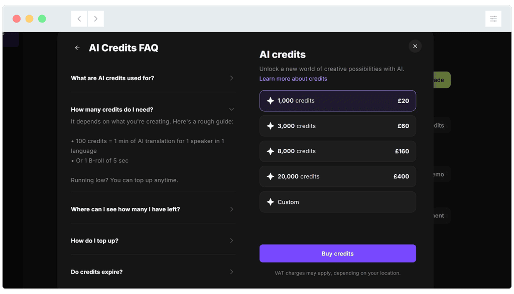 Screenshot of an AI credits FAQ page showing credit packages and prices, with a “Buy credits” button highlighted in purple.