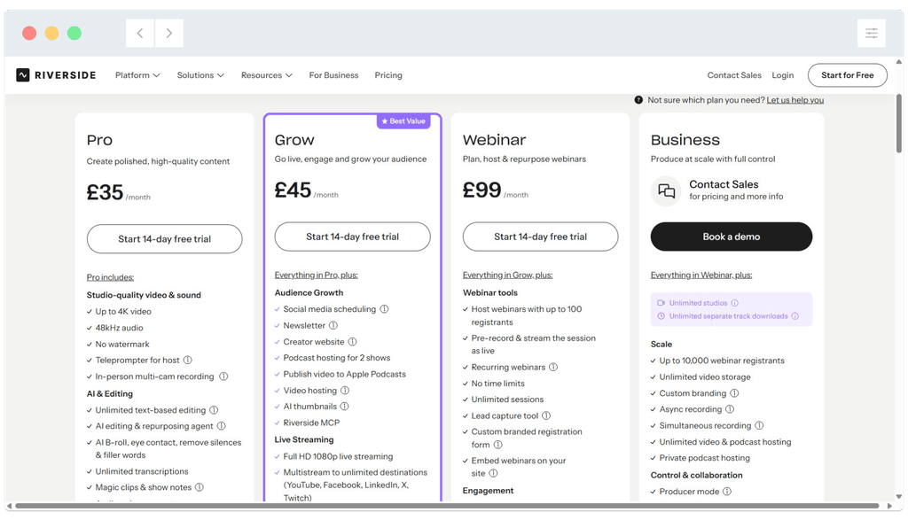 Pricing table showing four Riverside service plans: Pro, Grow, Webinar, and Business, with features and monthly costs.