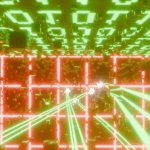 Glowing green code and red grid lines with green laser beams in a digital, futuristic environment.