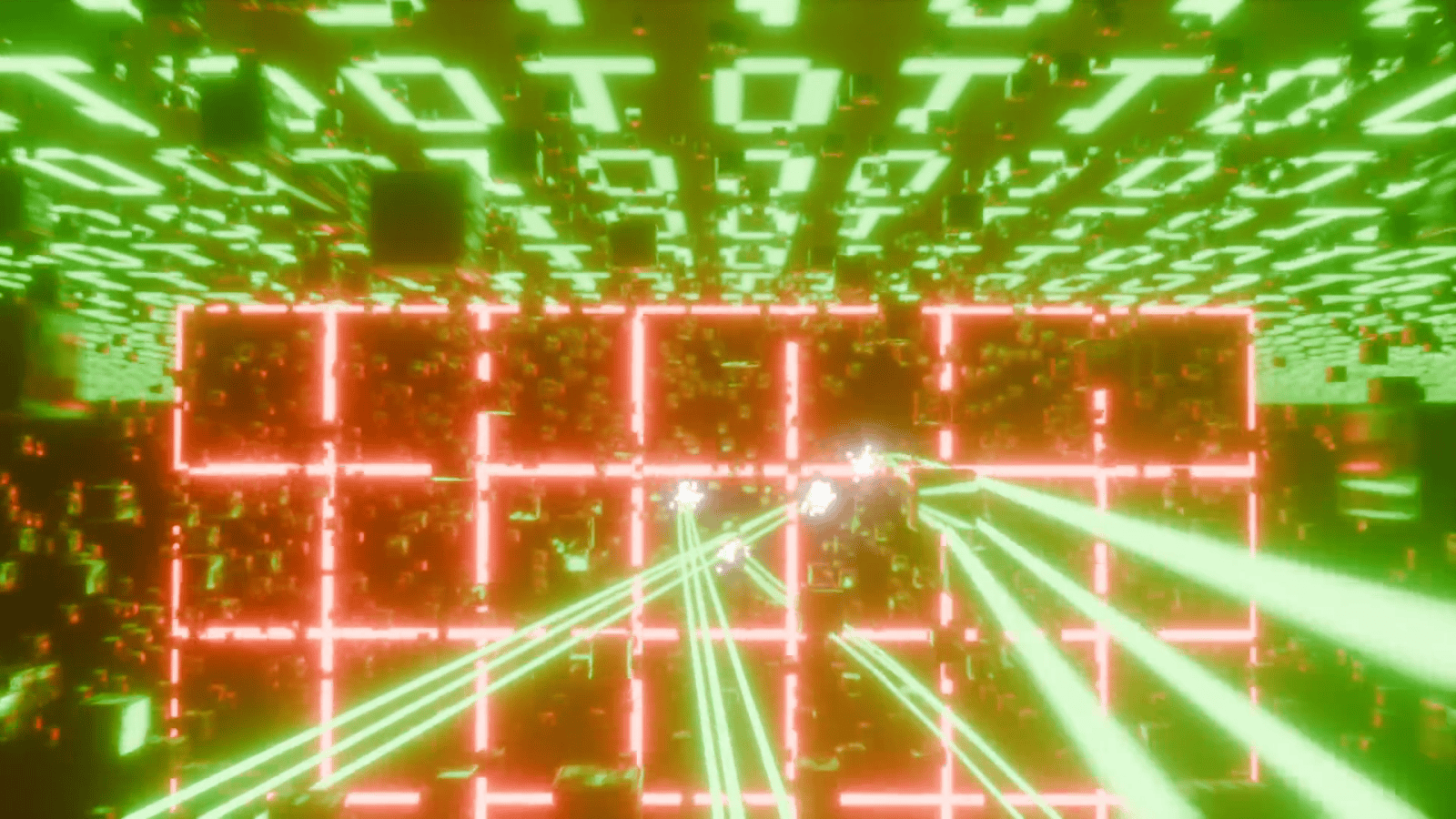 Glowing green code and red grid lines with green laser beams in a digital, futuristic environment.