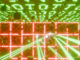 Glowing green code and red grid lines with green laser beams in a digital, futuristic environment.