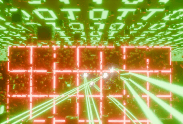 Glowing green code and red grid lines with green laser beams in a digital, futuristic environment.