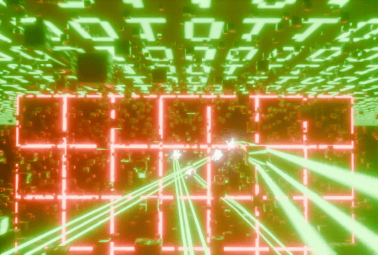 Glowing green code and red grid lines with green laser beams in a digital, futuristic environment.