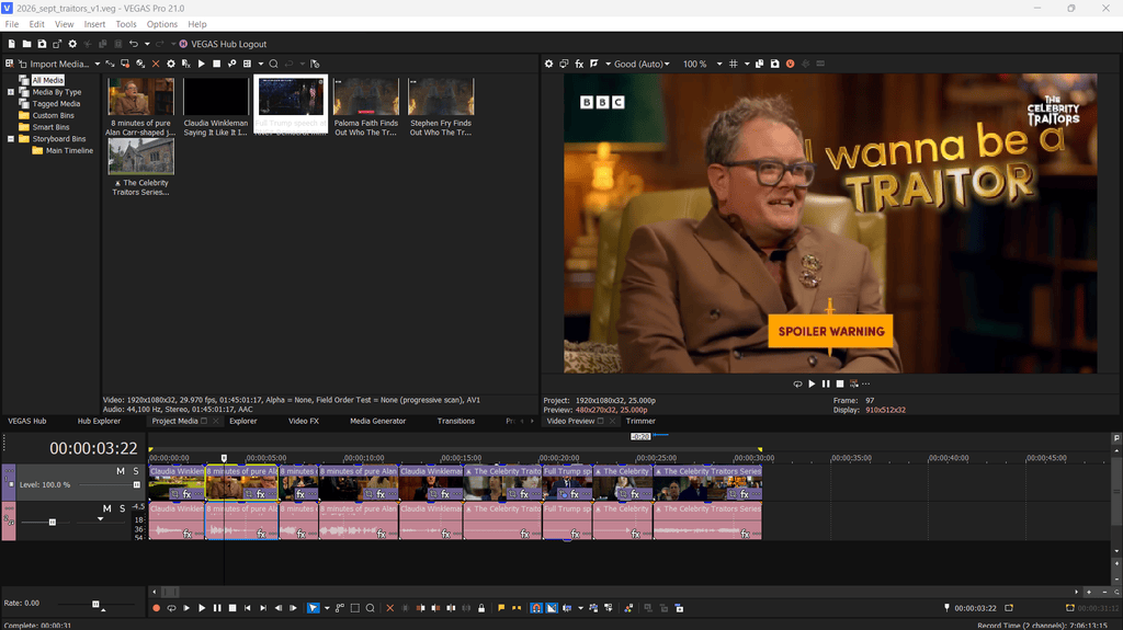 A video editing software window shows a paused interview clip and timeline with multiple video and audio tracks.