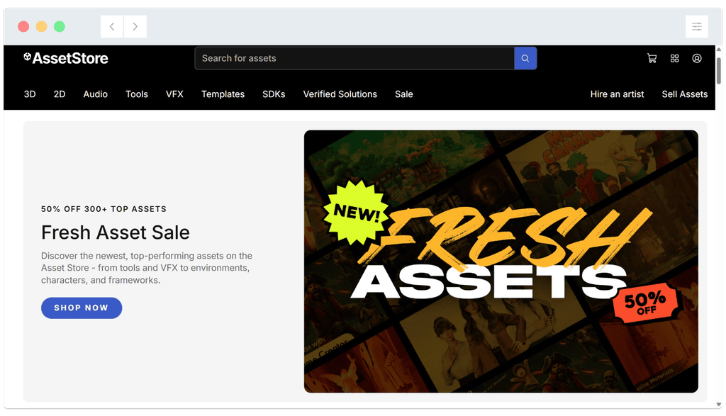 Asset Store homepage showing a “Fresh Asset Sale” banner with 50% off on over 300 top assets.