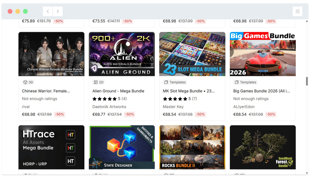A screen displaying various discounted game and asset bundles with images, prices, ratings, and discount percentages.
