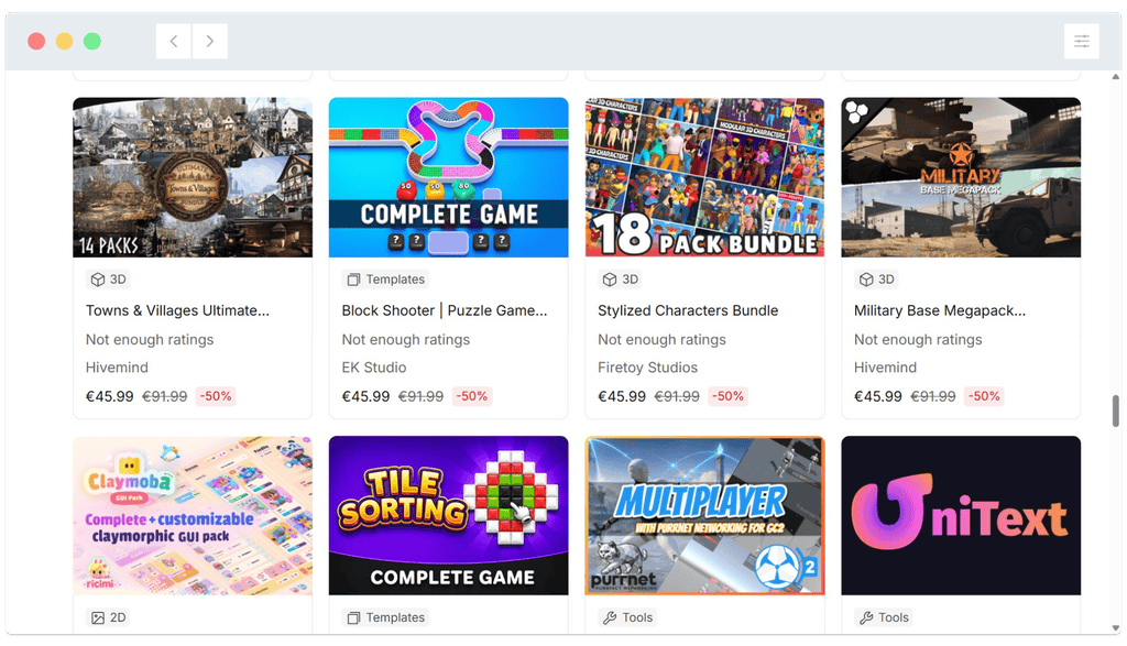 A software marketplace webpage displays various game asset packs and tools, each showing price and discount information.