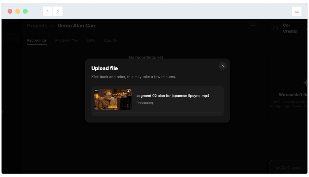 A file named “segment 02 alan for japanese lipsync.mp4” is uploading in a project dashboard.