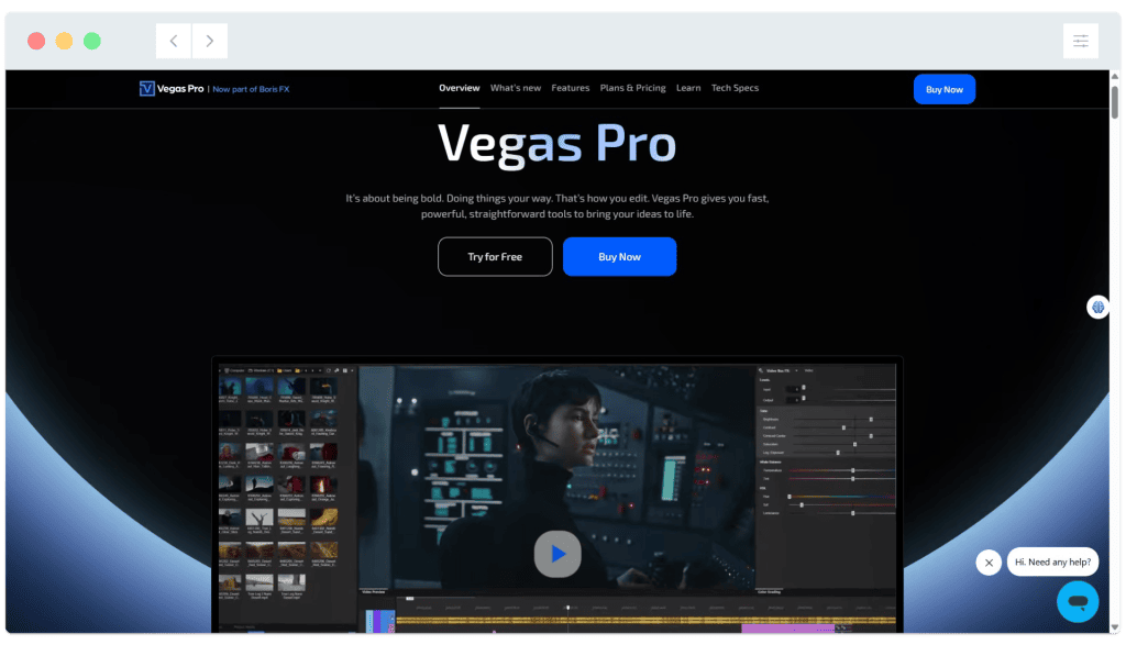 Vegas Pro homepage showing the software interface, video editing timeline, tools, and call-to-action buttons.