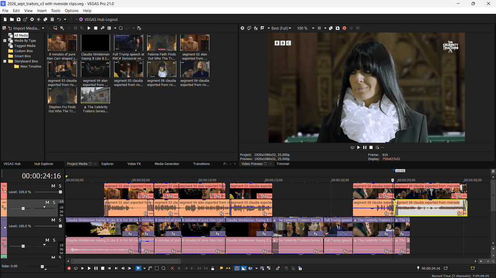 A video editing software interface with a timeline, preview window, and various video clips displayed.