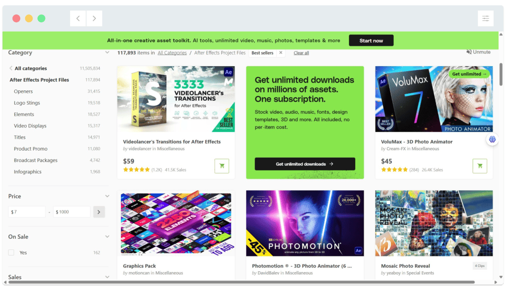 A website page displays various digital creative assets for sale, with filters and category options on the left sidebar.