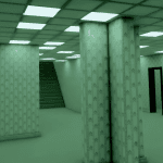An empty, liminal room with green patterned wallpaper, support columns, a staircase, and a doorway.