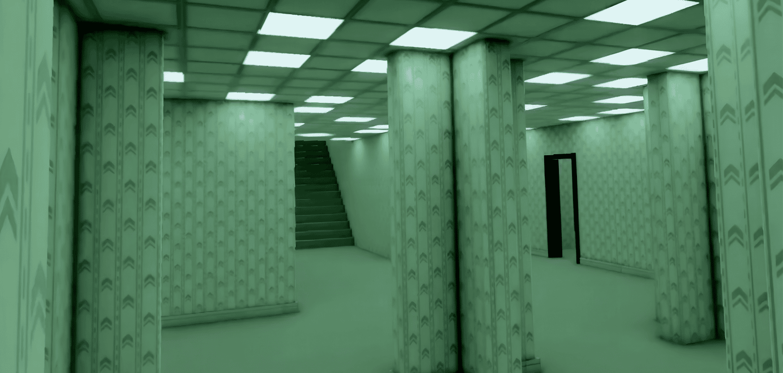 An empty, liminal room with green patterned wallpaper, support columns, a staircase, and a doorway.