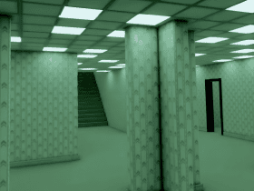 An empty, liminal room with green patterned wallpaper, support columns, a staircase, and a doorway.