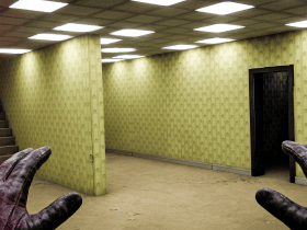 First-person view of leather-gloved hands in a room with yellow patterned wallpaper, a dark doorway, and a staircase.