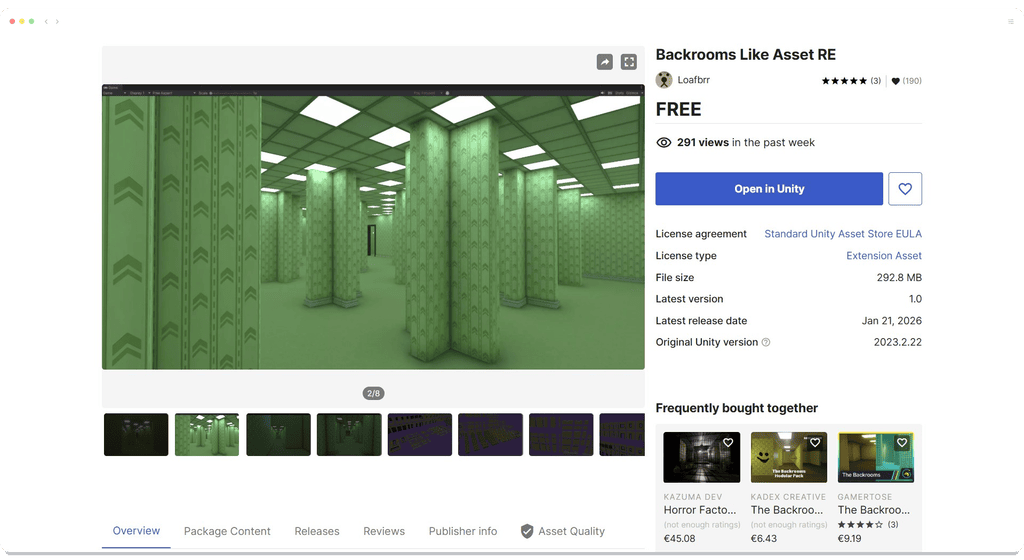 Unity Asset Store page for Backrooms Like Asset RE featuring a screenshot of a yellow-walled, pillar-filled room.