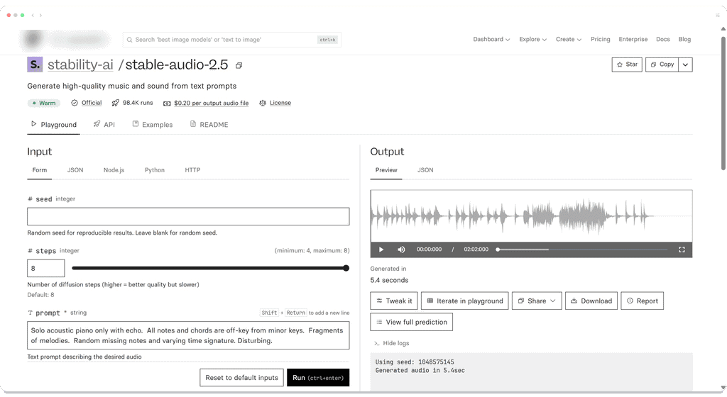 Web interface for the Stability AI stable-audio-2.5 model, showing input prompt settings and an audio waveform output.
