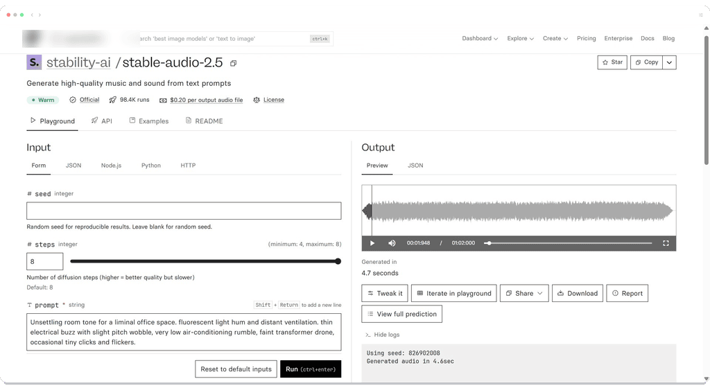 Web interface for Stability AI Stable Audio 2.5 with text prompt and generated audio waveform.