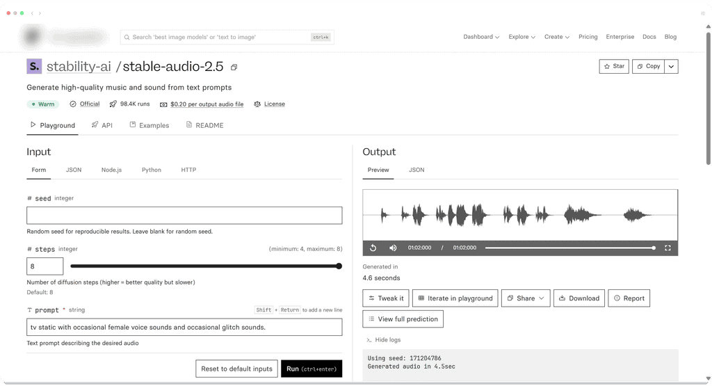 Web interface for the Stable Audio 2.5 generative AI model showing input fields and an audio waveform output.