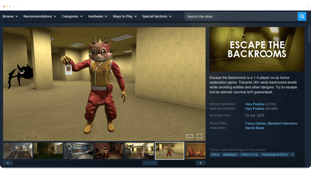 Steam store page for the horror game Escape the Backrooms, featuring a dragon-masked character and game details.