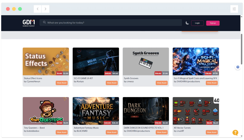 Online marketplace webpage displaying various digital game assets and music packs for sale in a grid layout.