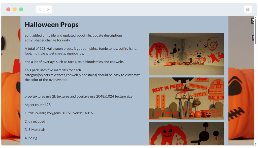 Screenshot of a Halloween props asset pack description, featuring various pumpkin and spooky-themed decorations and textures.