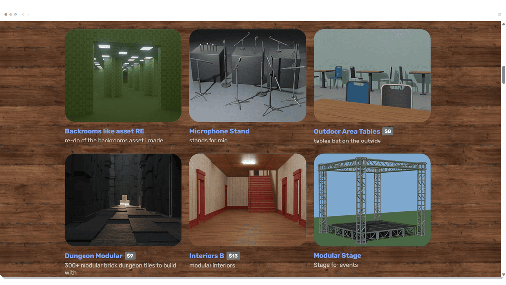 Six digital 3D asset previews, including interiors, furniture, stage, mic stands, and modular dungeon tiles.