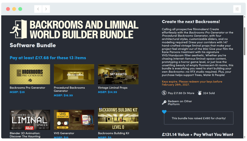 Screenshot of a software bundle sale page featuring 13 liminal space-themed tools and a purchase summary.