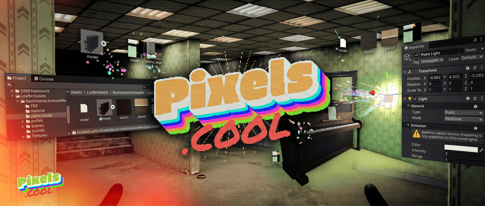 A Unity game engine interface displaying a 3D office scene with the logo “Pixels Cool” overlaid in the center.