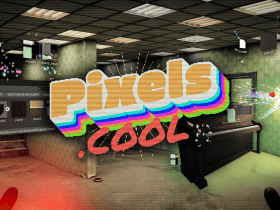 A Unity game engine interface displaying a 3D office scene with the logo “Pixels Cool” overlaid in the center.