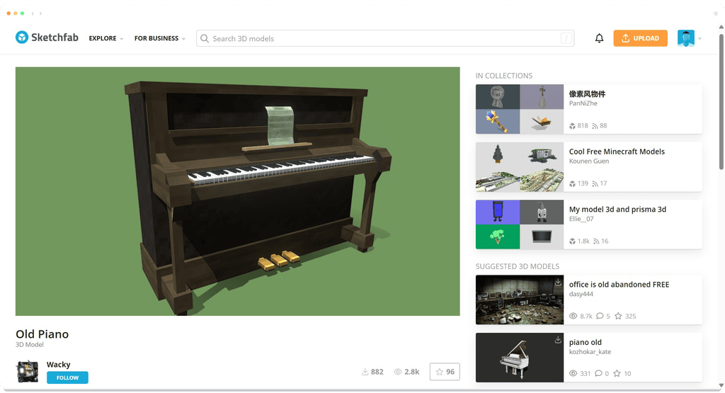 A 3D model of an upright piano displayed on the Sketchfab website.