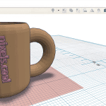 A 3D model of a brown mug with “pixels.cool” text, shown in a CAD design software interface.